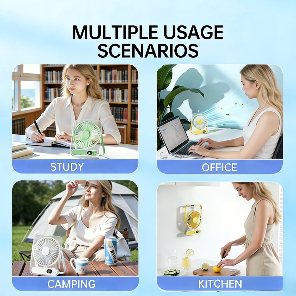 Folding Desk Fan with 3000mAh Battery, Five Settings, Numeric Display and White, Yellow or Green Finish
