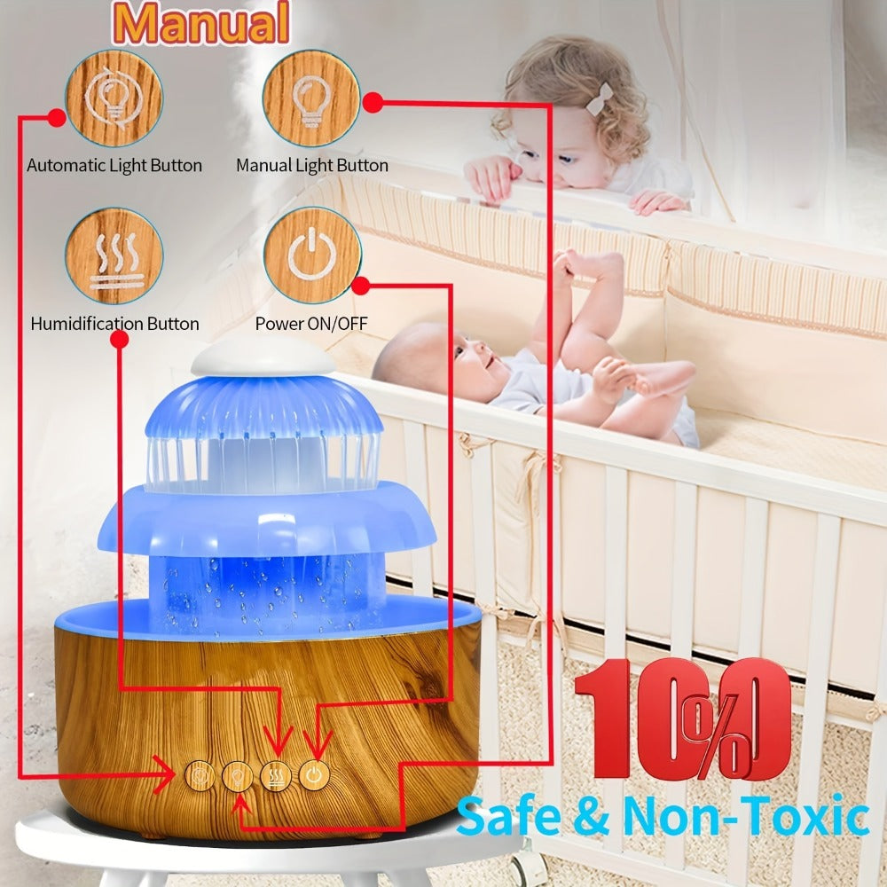 Humidifier Rain-Sound Model with Eight-Color Night Light, 10-Hour Runtime and Water-Soluble Oil Compatibility