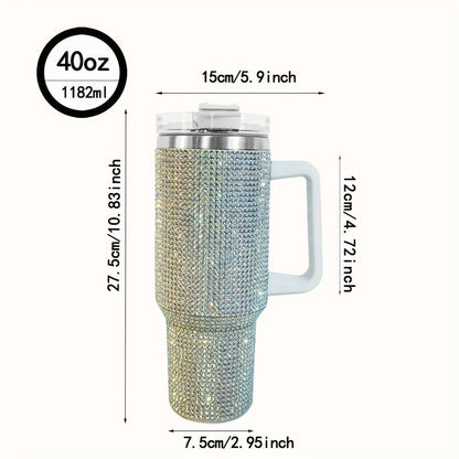Rhinestone-Covered 40oz Stainless Steel Tumbler with Handle, Straw Lid and Textured Silver Finish