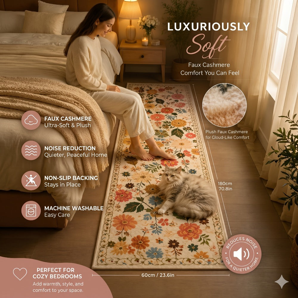 Area Rug Bohemian Floral Plush Runner with Four Machine-Washable Sizes for Bedroom or Kitchen
