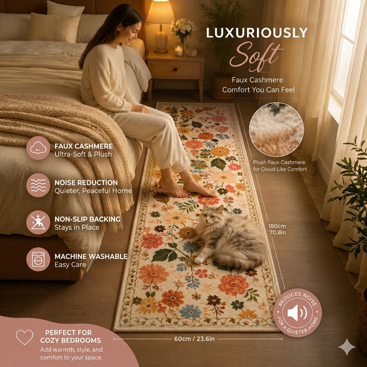 Area Rug Bohemian Floral Plush Runner with Four Machine-Washable Sizes for Bedroom or Kitchen