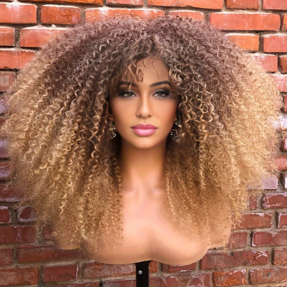 Synthetic Wig 18-Inch Kinky Curly Afro with Full Bangs, Glueless Straps and Combs for Costume Styling