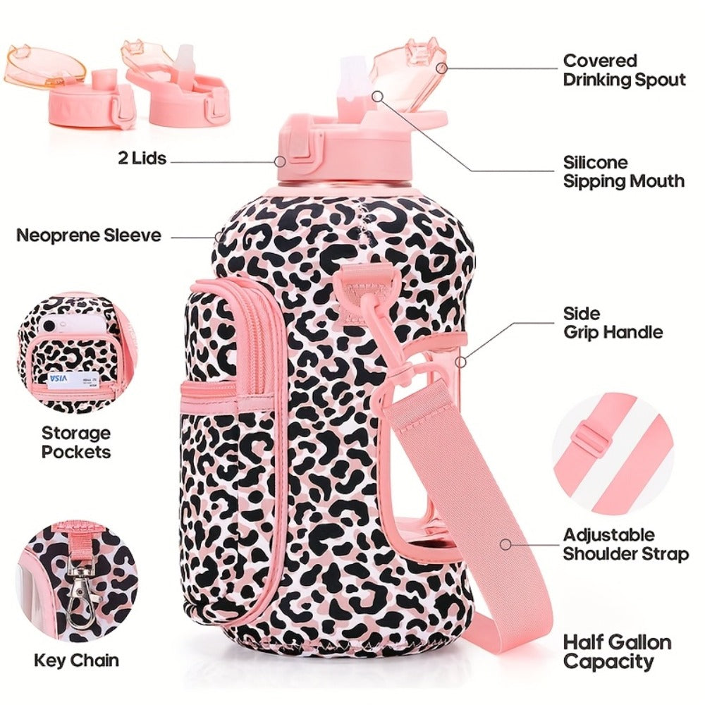 74oz Water Bottle Set with Two-Pocket Storage Sleeve, Phone Holder, Straw and Chug Lids, and Three Dark Prints
