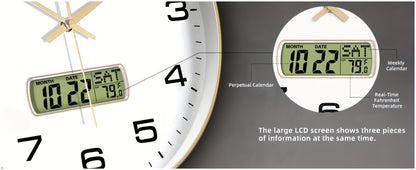 Round Analog Wall Clock with LCD Calendar and Temperature Window, Four Colors and 10- or 12-Inch Sizes