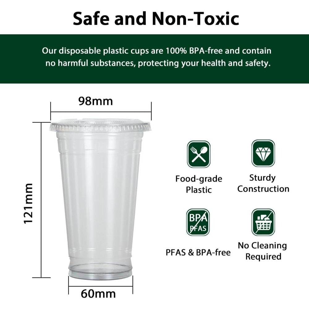 Disposable Clear Plastic Cups with Flat Lids, 16oz & 24oz PET Crystal Cold Drink Cups for Iced Coffee