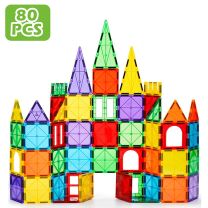 Magnetic Tiles Building Sets in 80, 106 or 136-Piece Options with Multicolor Translucent Shapes and Vehicle Bases