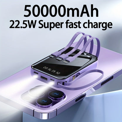 3-in-1 Built-in Cables Power Bank 50000mAh Portable Charger with Smart Digital Display Flashlight Apple Lightning Type-C USB Safe Lithium Battery Pack Outdoor Emergency Travel Gift
