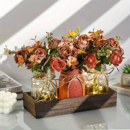 Mason Jar Centerpiece Table Decorations with Wood Tray & LED Lights – 3-Piece Farmhouse Decor Set for Dining Room, Kitchen, Living Room & Bathroom | Holiday Home Decor Gift
