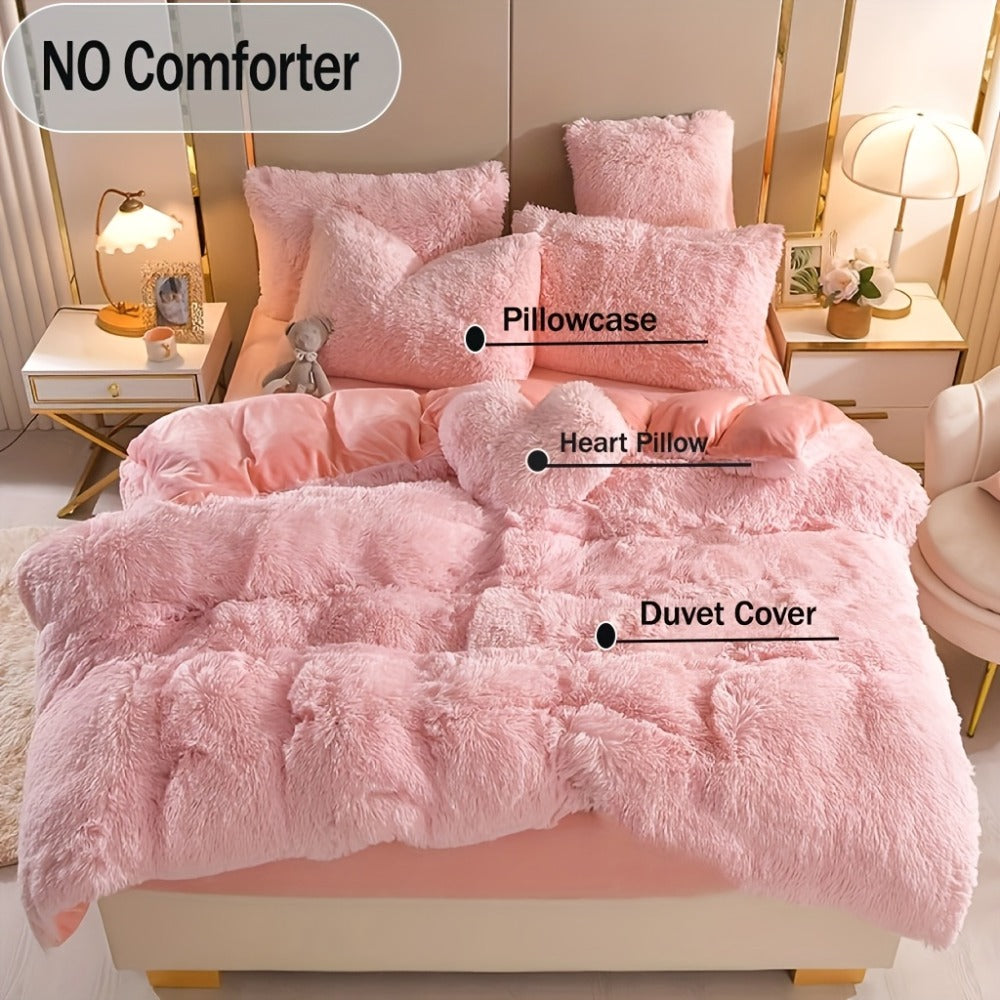 Plush Faux Fur Duvet Cover Set with Heart Pillow, Corner Ties and Twin, Queen or King Sizes in Eight Colors