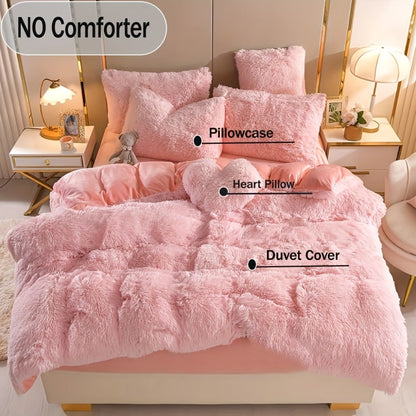 Plush Faux Fur Duvet Cover Set with Heart Pillow, Corner Ties and Twin, Queen or King Sizes in Eight Colors