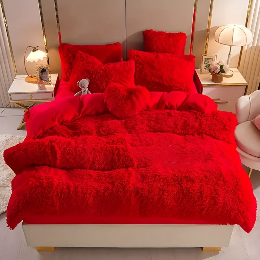 Plush Four-Piece Duvet Cover Set with Bed Sheet, Two Pillowcases, Queen or King Size and Eight Colors