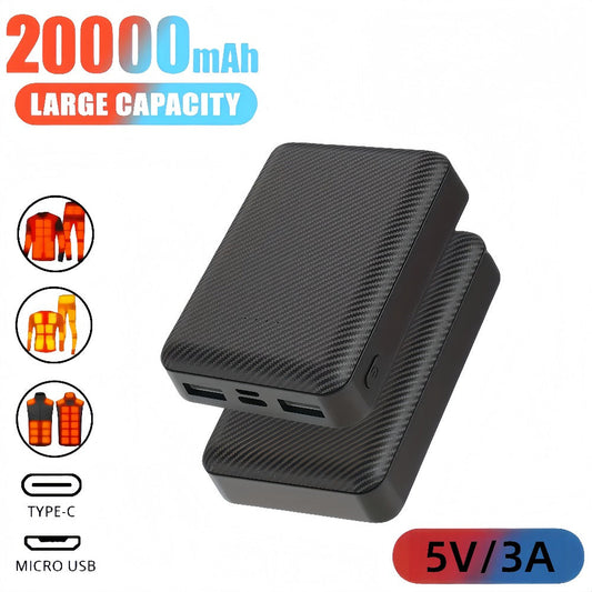 Power Bank 20000mAh 5V/3A for Heated Clothing with Dual USB Output and USB-C/Micro Input for Winter Wear