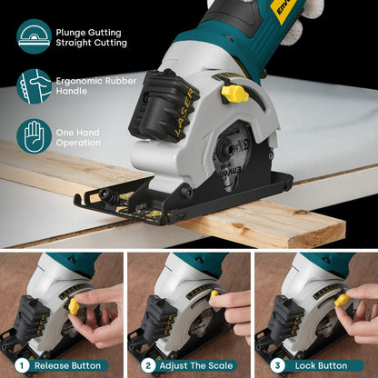 Mini Circular Saw Corded with Laser Guide 4A 3500RPM 3-3/8 Inch Compact Hand Saw for Wood Metal Tile Plastic Cuts DIY Home Improvement