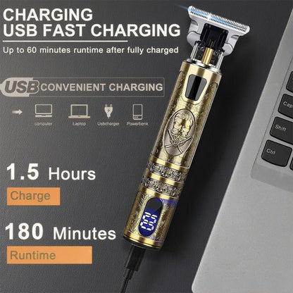 Hair Clippers & Trimmers Vintage Gold T-Blade Model with LCD Display, USB Charging and Three Etched Designs