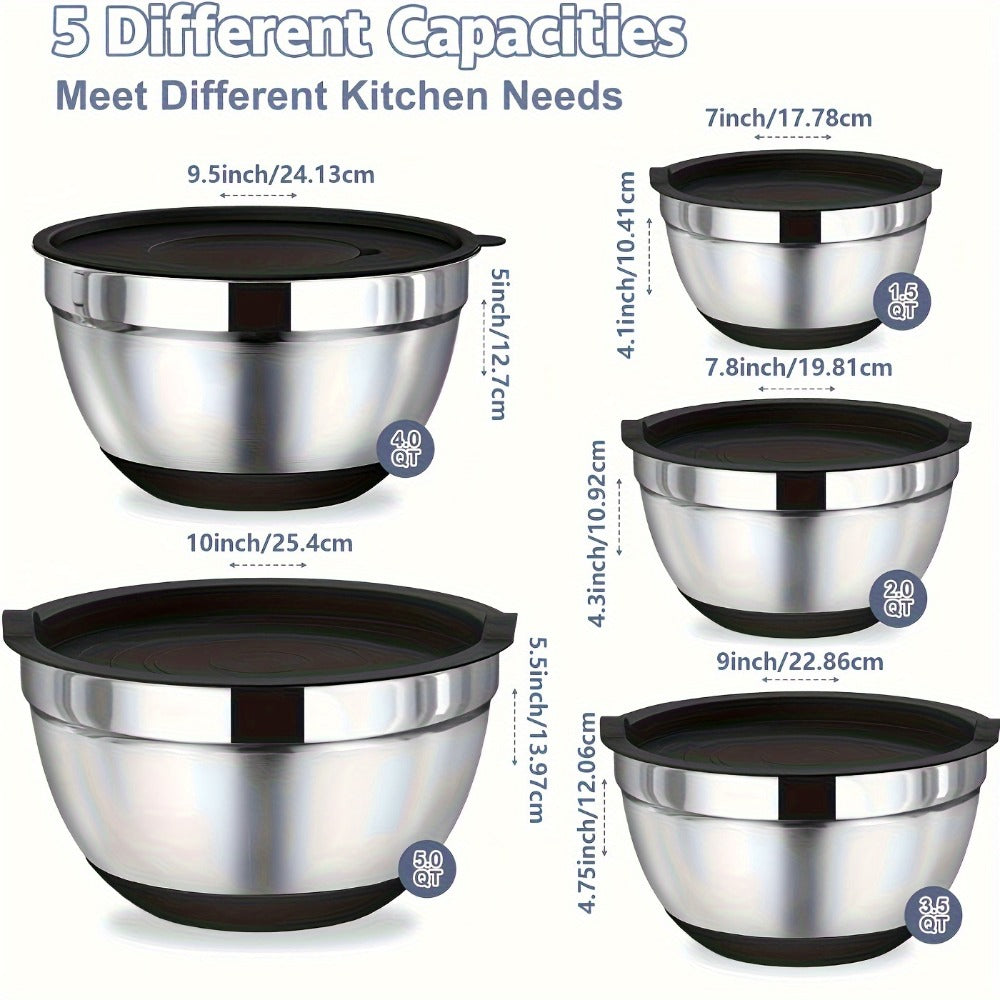 8PCS/Set-Labeled Mixing Bowl Set with Black Lids, Nested Bowls and Three Removable Grater Inserts