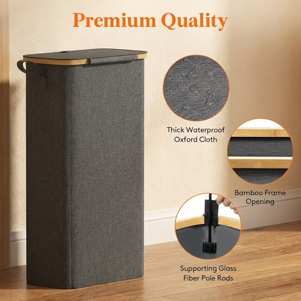Slim Laundry Hamper with Lid & Removable Bag – Foldable Narrow Clothes Basket with Bamboo Handles for Bathroom, Bedroom & Dorm – 50L / 65L / 75L Space-Saving Collapsible Laundry Bin