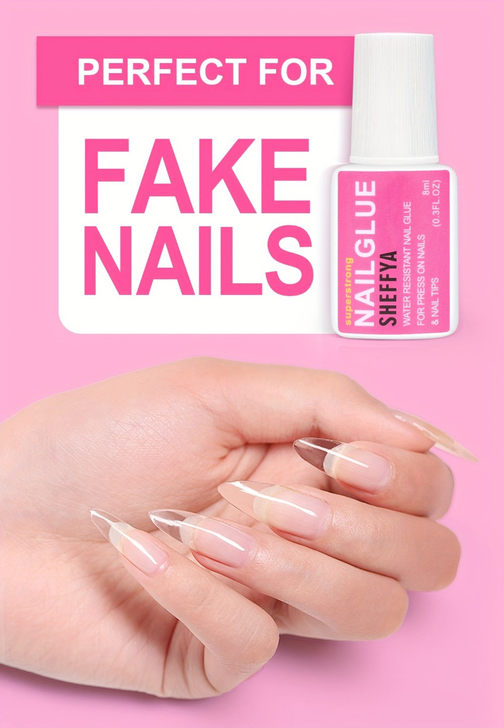 Nail Glue Set, 8ml Brush-On Bottles in 2-, 5- or 10-Piece Options with SHEFFYA Package and EMNAGLUE Bottle Markings