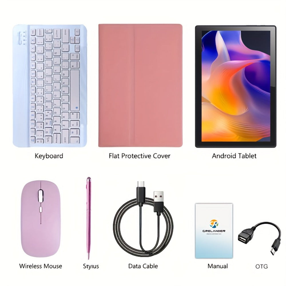 Tablet with Keyboard 10 Inch Android, 6GB RAM 128GB ROM 1TB Expandable, 5G/2.4G Dual-Band Wi-Fi MTK Quad-Core, 1280x800 HD Touchscreen 5+8MP Dual Camera Type-C, Complete Bundle with Keyboard Case Mouse Stylus for Work Study – Grey Pink