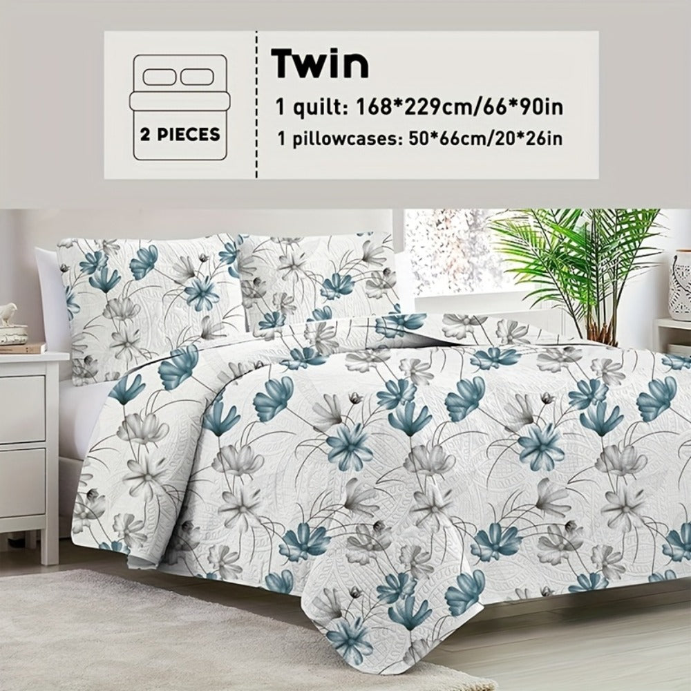 Reversible Botanical Microfiber Quilt Set with Pillow Shams, Five Patterns and Twin, Full/Queen or King Sizes