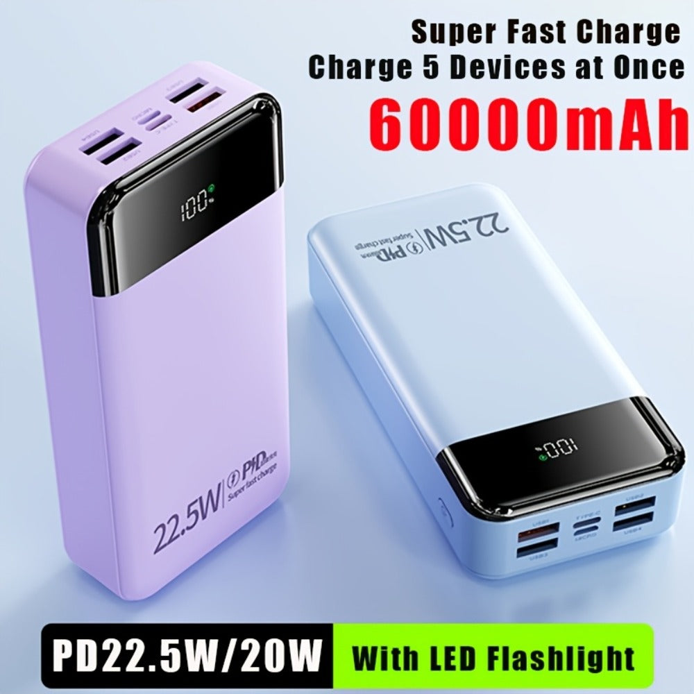 Power Bank 60000mAh 22.5W with Multi-Device Port Layout, LED Light and Digital Display in Three Colors