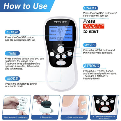 TENS Unit Muscle Stimulator for Pain Relief Digital EMS Therapy Device for Back Neck Hip Nerve Pain Arthritis Tendonitis Stiffness Recovery Post-Workout Relaxation with Accessories 6-Mode and 8-Mode