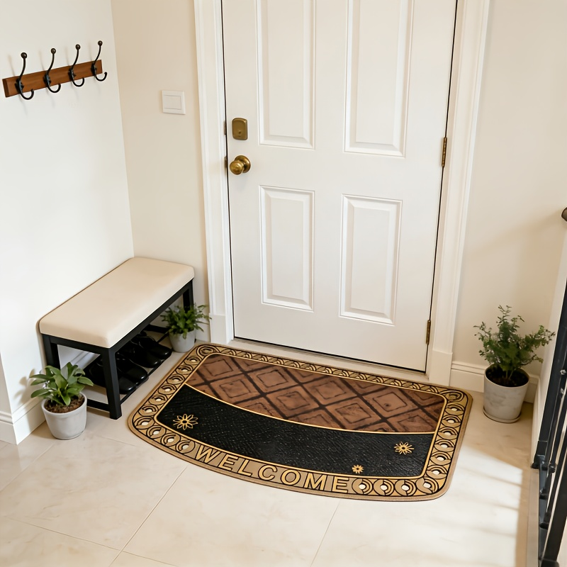 Textured Welcome Door Mat with Bordered Brown-and-Black Geometric Design in A001 or A002 Styles