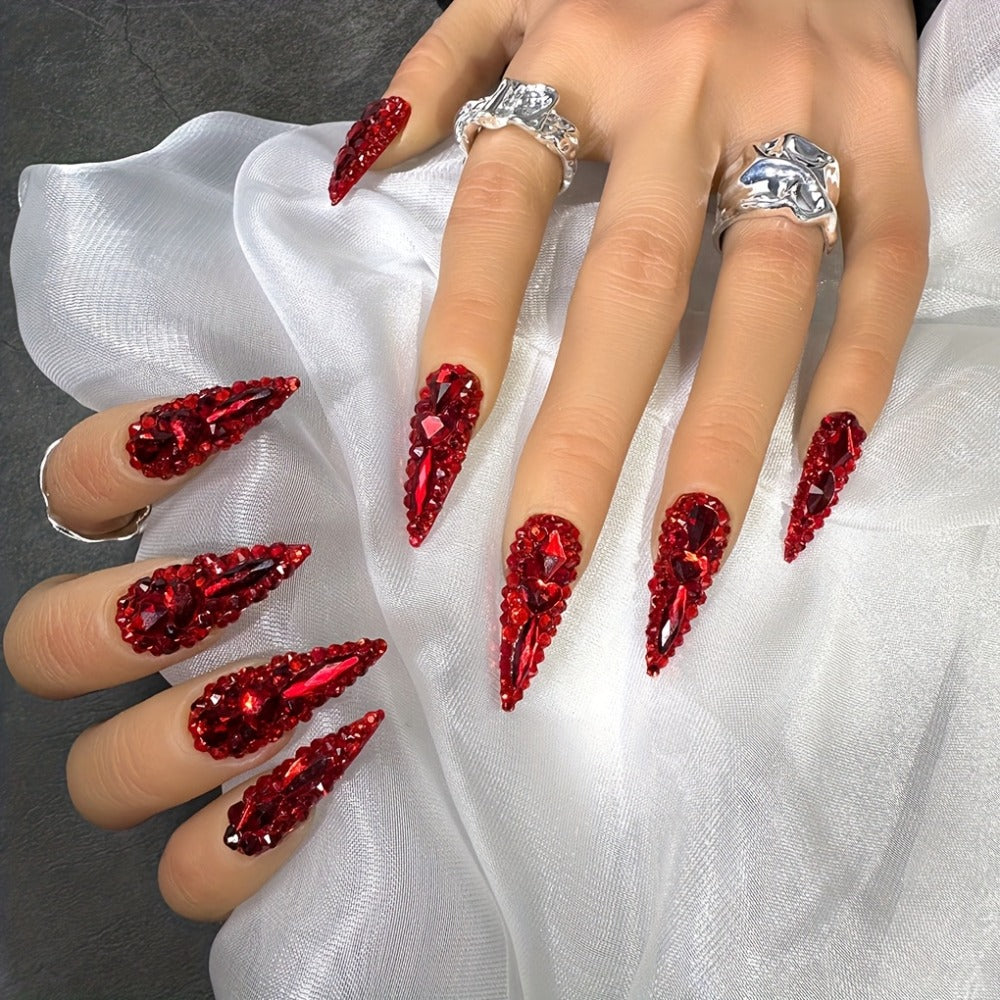 Press On Nails 10-Piece Long Water-Drop Set with Red Glass Glitter and Removable Self-Adhesive Gel Tabs