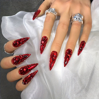 Press On Nails 10-Piece Long Water-Drop Set with Red Glass Glitter and Removable Self-Adhesive Gel Tabs
