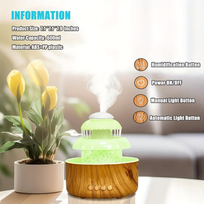 Humidifier Rain-Sound Model with Eight-Color Night Light, 10-Hour Runtime and Water-Soluble Oil Compatibility