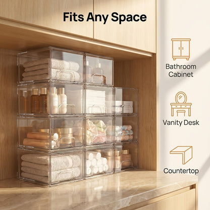Clear Stackable Storage Drawers, 8-Pack Pull-Out Organizer Bins for Bathroom Cabinets, Vanity Desks and Countertops