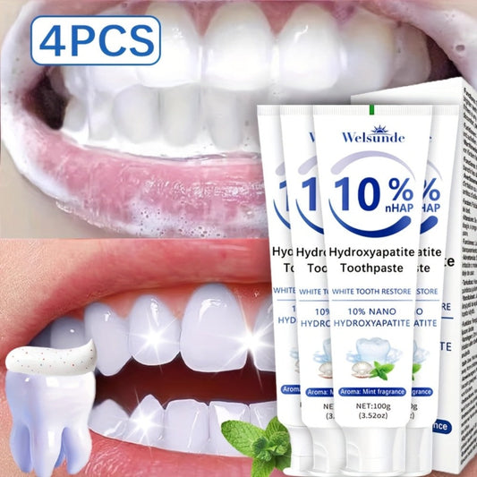 Hydroxyapatite Toothpaste 4-Pack – 10% Nano Formula with Baking Soda, Deep Cleaning & Whitening Gel, Mint Fresh Breath, Fluoride-Free Daily Oral Care for Everyone, Home & Travel Sleek Tube Design (400g)