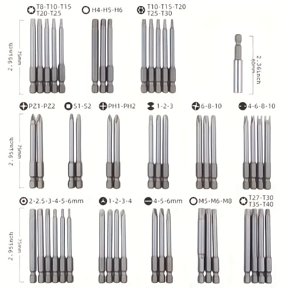 50-Piece Magnetic Security Screwdriver Bit Set with 75 mm Extended 1/4-Inch Hex Shanks and Blue Case