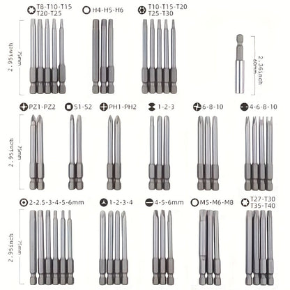 50-Piece Magnetic Security Screwdriver Bit Set with 75 mm Extended 1/4-Inch Hex Shanks and Blue Case
