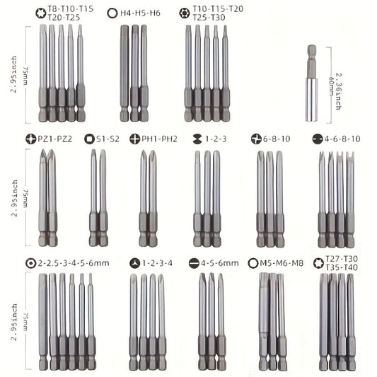 Magnetic Screwdriver Bits Set 50pcs – 75mm Extended Security Bits, 1/4" Hex Shank, Torx Star Hex Spline, for Power Drills & Hand Screwdrivers