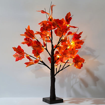 Two-Piece LED Maple Leaf Tree Light Set with 24 Warm Lights, Red Autumn Leaves and Black Branches