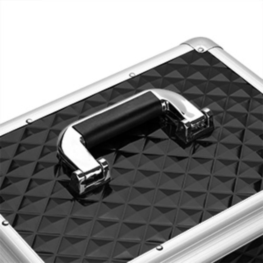Black Rolling Makeup Train Case with Four Wheels, Telescoping Handle, Three Top Trays and Two Drawers