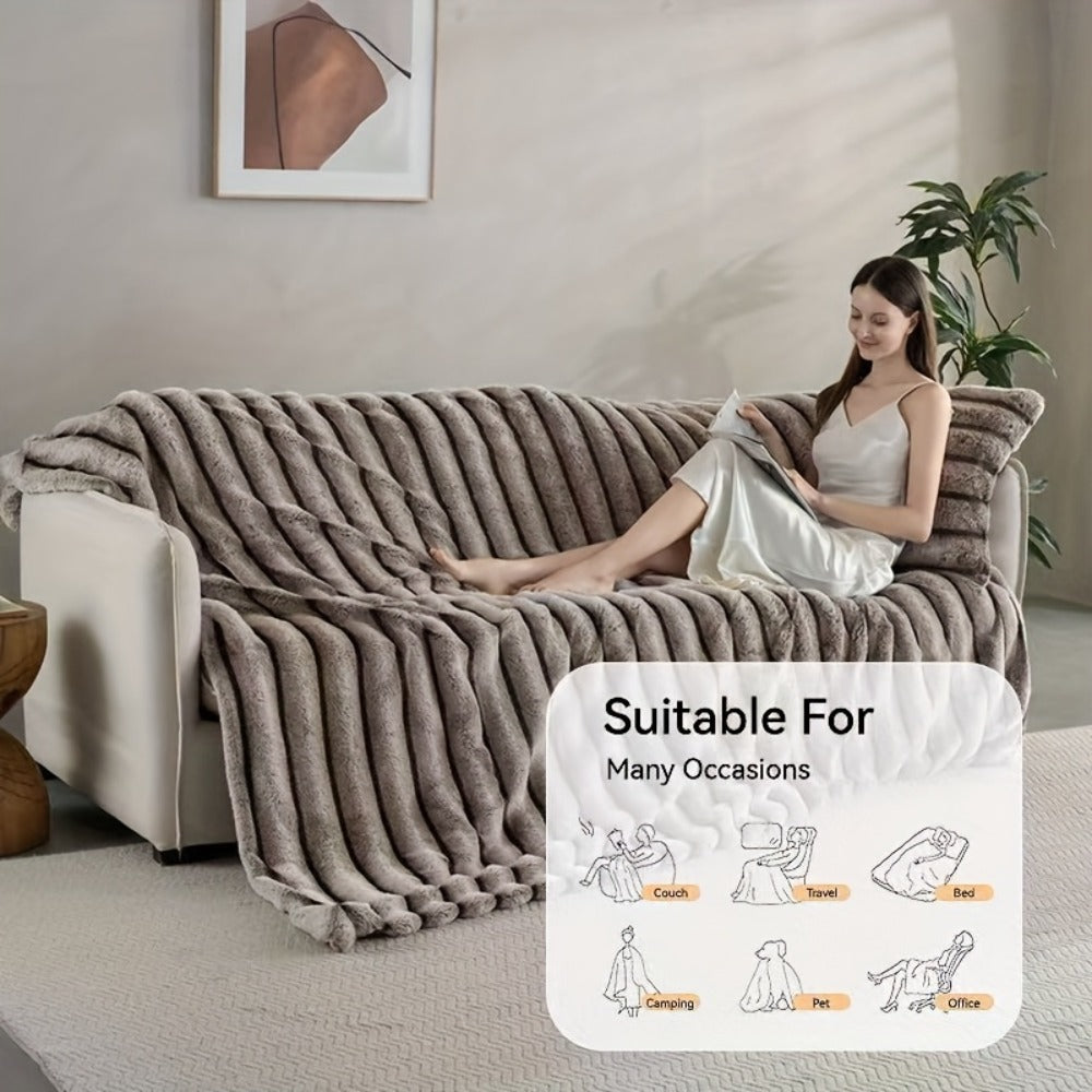 Double-Layer Faux Rabbit Fleece Blanket in Grey, Khaki or Beige with Five Sizes from Small Throw to King