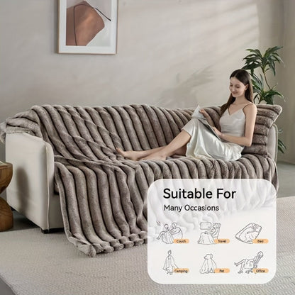 Double-Layer Faux Rabbit Fleece Blanket in Grey, Khaki or Beige with Five Sizes from Small Throw to King