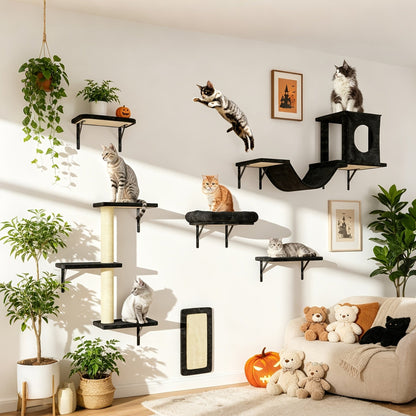 Cat Wall Shelf Climbing Set – 7-Piece Deluxe Wall Mounted Cat Furniture with Condo, Scratching Post, Bridge, Ladder & Tunnel for All Cat Sizes