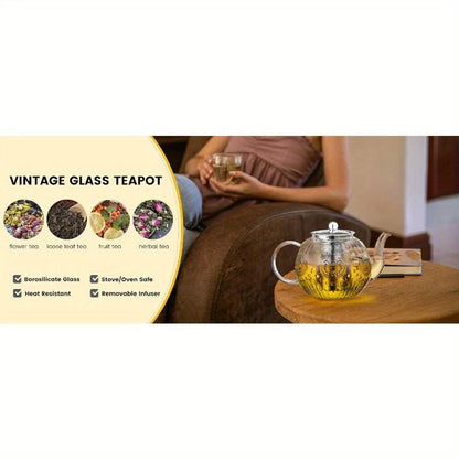 Vintage Glass Teapot 50oz 1500ml with Removable Infuser Stovetop Safe Borosilicate Tea Kettle Elegant Floral Design Durable Easy Clean for Loose Leaf Blooming Tea