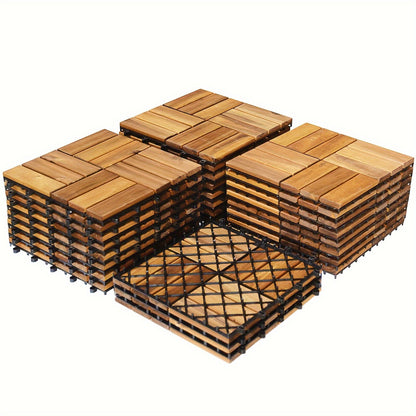 Interlocking Acacia Wood Deck Tiles, 27-Pack of 12-Inch Slatted Squares for Patio, Balcony or Indoor Floors