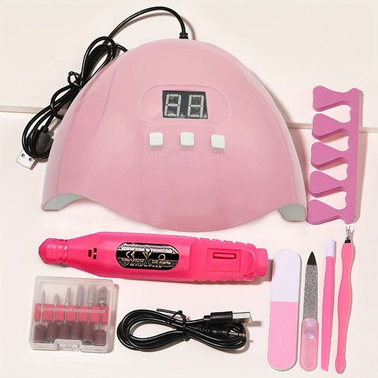 Nail Art Tool Set 7-in-1 Complete Professional Manicure Kit with UV Nail Lamp, Glue Dryer, Nail Polisher, Cuticle Pusher & Fork, Finger Divider – Stainless Steel Salon Kit for Women