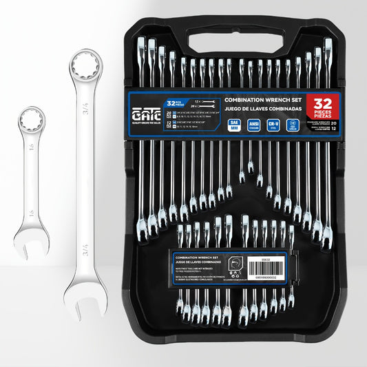 Combo Wrench Set SAE & Metric – CR-V Steel, Mirror Chrome Polished, Open & 12-Point Box Ends, Long & Short Reach, 14pc Metric (6-19mm) / 14pc SAE (1/4"-15/16") / 32pc Full Set