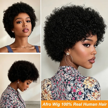6-Inch Kinky Curly Afro Human Hair Wig with Glueless Cap and Deep Grey, Camel or Ginger Color