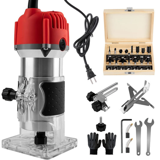 Wood Router 800W Compact Electric Router Tool - 30000 RPM with 15pcs 1/4" Router Bits for Woodworking, Trimming, Carving & Engraving