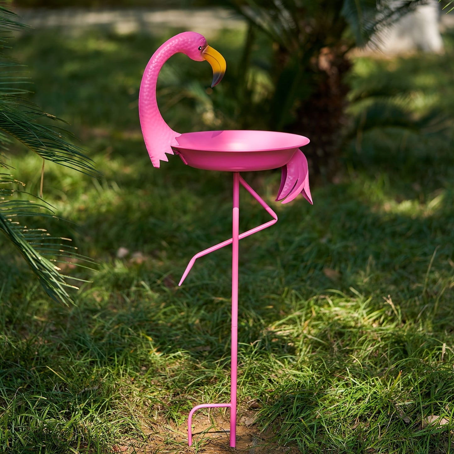 39.4-Inch Pink Flamingo Bird Bath with 12.6-Inch Bowl and Two-Prong Garden Stake for Lawn Decor