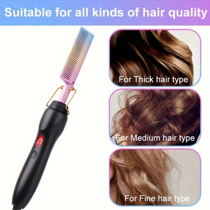 Electric Hot Comb Heated Beard Straightener Brush Fast Heating Anti-Scald Ceramic 2-in-1 Straightening Curling Comb for Men Women Natural Black Hair Wigs Portable Travel Styling Tool