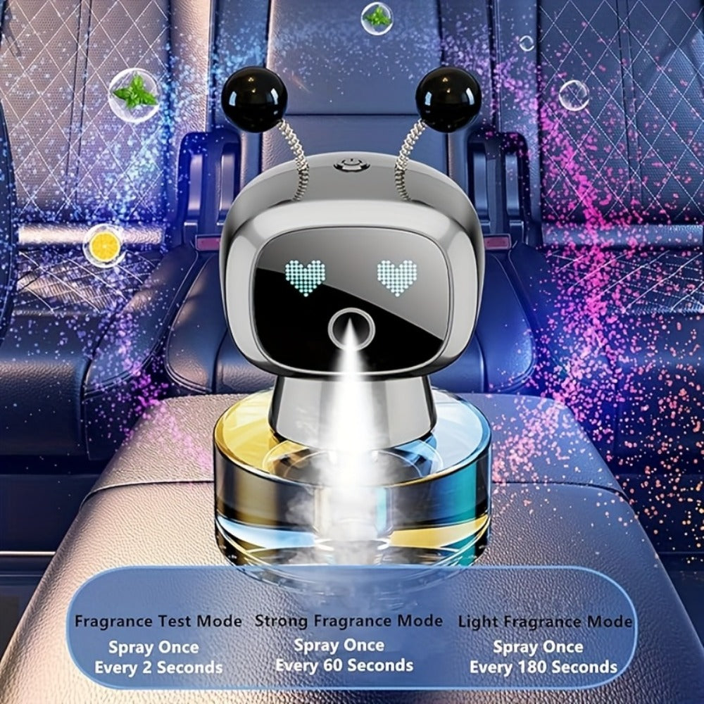 Car Air Freshener Auto Spray Robot Design USB Rechargeable – AI Expression Display, 4-Level Fragrance Control, Vent Clip Diffuser | 4 Colors & Scents | Gift for Car Lovers Men Women