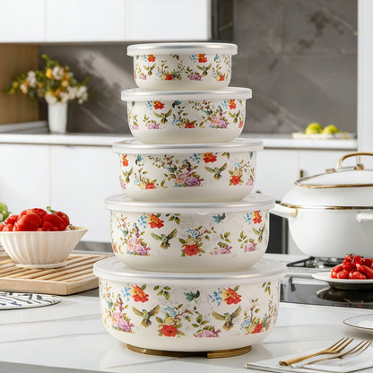 Food Storage Containers Five-Piece Enamel Bowl Set with Lids for Refrigerator, Office and Camping Use