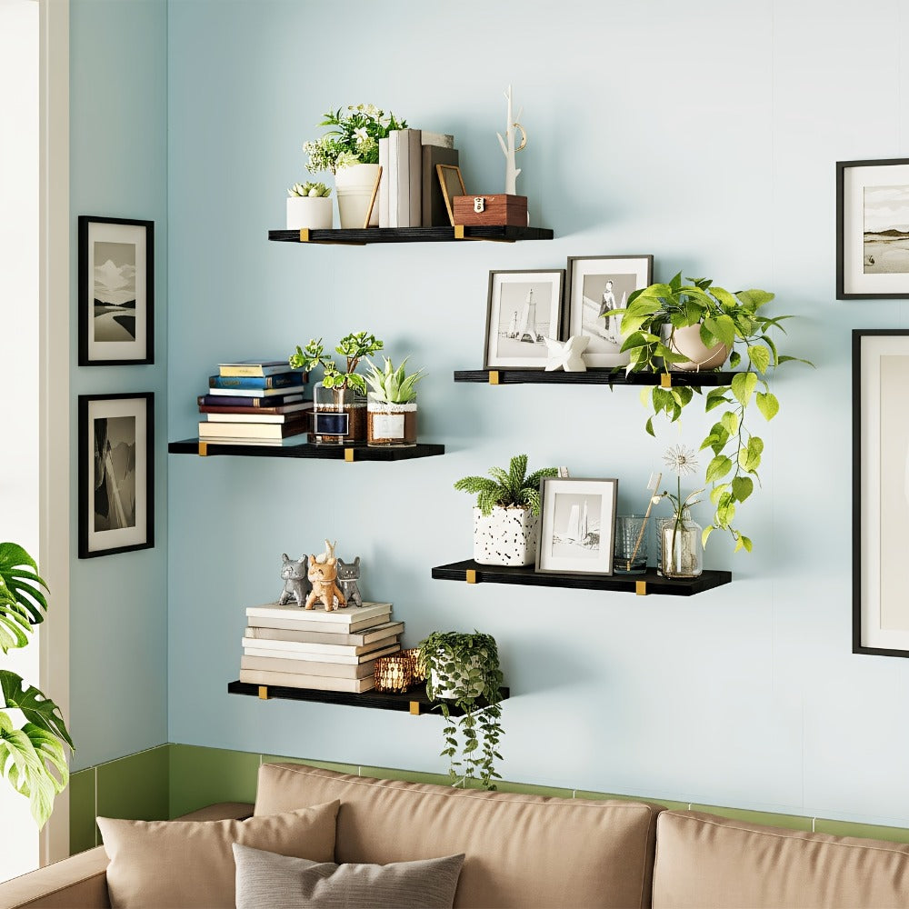 Five-Piece Rustic Floating Shelf Set with Black Metal Brackets in Light Brown, Dark Brown or Black-Gold Finishes